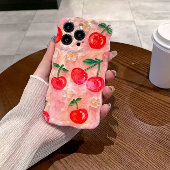 iPhone 14 Pro Max Retro Oil Painting Flower Glossy Cherry Floral Wave Phone Case - Picture 2 of 5